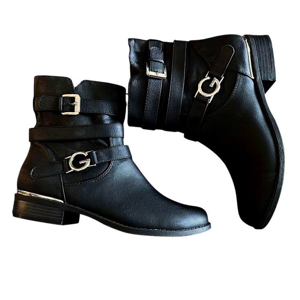 G by GUESS Harlin Moto Ankle Boots Women 9.5 Black Gold Buckle Straps - Picture 6 of 10